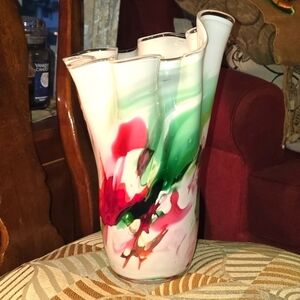 Vintage Jozefina-Poland- 14" H White/Multicolor Splash Ruffled Vase- Cased Glass